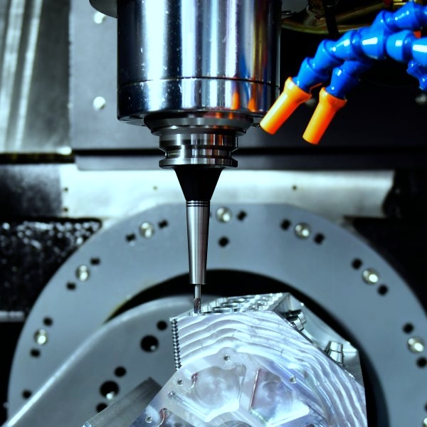 CNC freesmachine in actie op een aluminium onderdeel